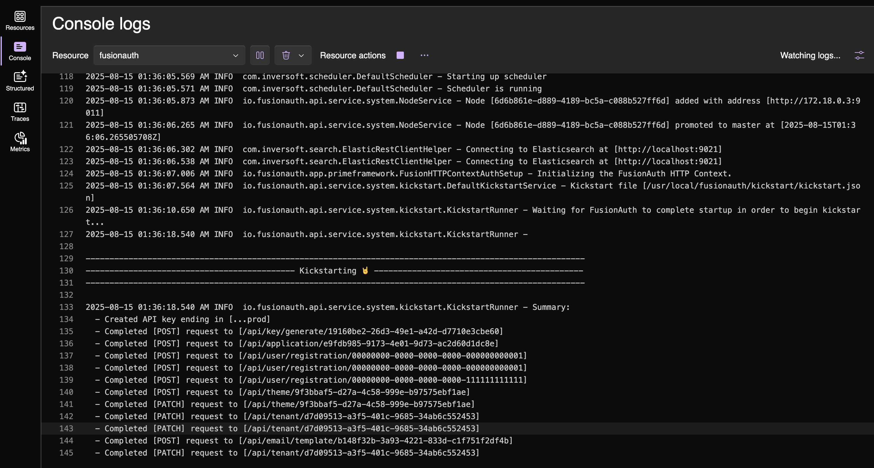 FusionAuth logs showing kickstart file mounted
